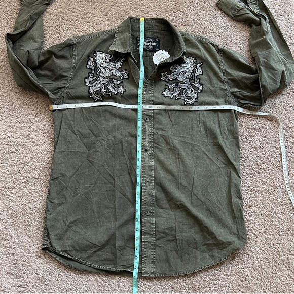Affliction Y2k Olive Green Embroidered Silver Lion Button Down Cotton Shirt XL - Picture 6 of 7